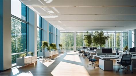 Oficina moderna con abundante luz natural y plantas
