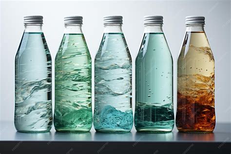 Botellas de cristal llenas de agua expuestas a la luz solar