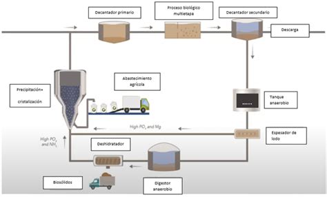 Diagrama del proceso de recuperación de fósforo en forma de estruvita
