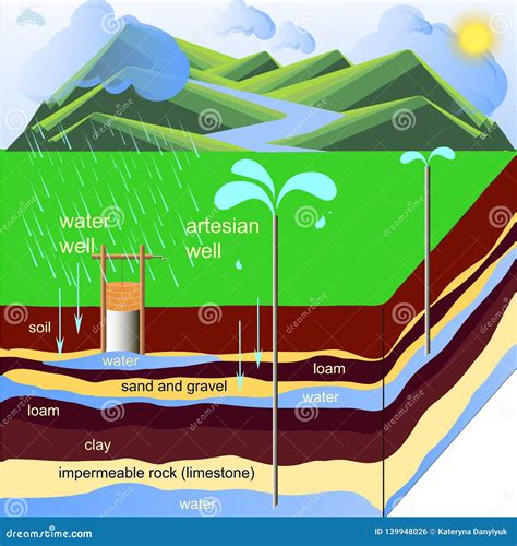 Ilustración de un pozo artesiano y la estratificación del agua subterránea