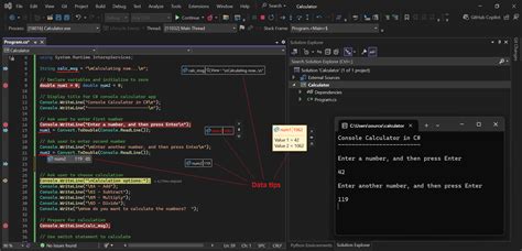 Visual Studio data tip showing variable values