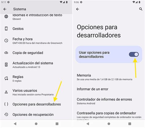 Opciones de desarrollador en Android