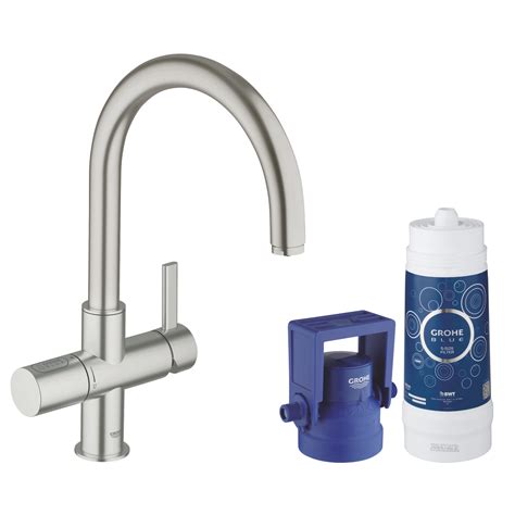 Fotografía de un grifo GROHE Blue Pure mostrando las dos vías de agua