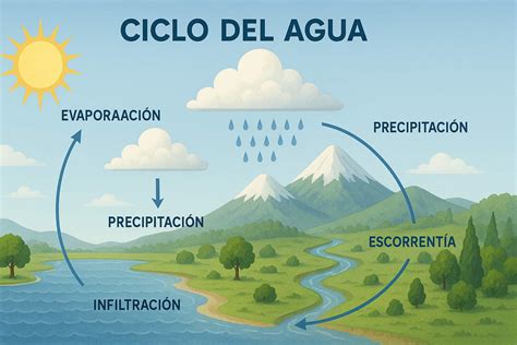 Diagrama simplificado del ciclo del agua, mostrando la captación, tratamiento, distribución y retorno al medio ambiente.