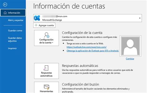 Captura de pantalla de las opciones avanzadas de configuración de cuenta en Outlook